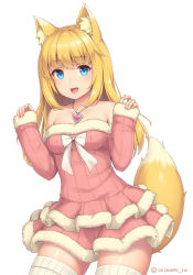 Rule 34 | 1girl, :d, animal ear fluff, animal ears, bare shoulders, blonde hair, blue eyes, bow, breasts, cowboy shot, dress, fox ears, fox girl, fox tail, fur trim, heart, heart necklace, long hair, medium breasts, necklace, open mouth, original, pink dress, sasaame, simple background, sleeves past wrists, smile, solo, tail, thighhighs, twitter username, white background, white thighhighs