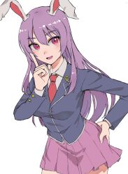 Rule 34 | 1girl, :d, absurdres, animal ears, blazer, contrapposto, cowboy shot, crescent, from above, hand on own hip, hand on own ass, highres, index finger raised, jacket, light blush, long hair, looking at viewer, necktie, open mouth, pink skirt, pleated skirt, purple hair, rabbit ears, red necktie, reisen udongein inaba, simple background, skirt, slit pupils, smile, solo, touhou, very long hair, vippest, white background, wing collar
