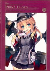 Rule 34 | 1girl, absurdres, blonde hair, blush, character name, finger to mouth, gloves, green eyes, hair ornament, hand on own hip, hat, head tilt, highres, huge filesize, kantai collection, long sleeves, looking at viewer, low twintails, machinery, military, military uniform, open mouth, peaked cap, prinz eugen (kancolle), scan, shiny skin, shirokitsune, simple background, skirt, smile, solo, turret, twintails, uniform, white background, white gloves