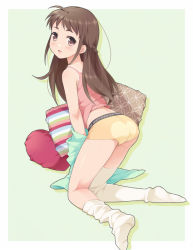 Rule 34 | 1girl, bad id, bad pixiv id, braid, brown eyes, brown hair, clothes writing, english text, green background, heart, kneeling, long hair, looking at viewer, looking back, loose thighhigh, nagijin, open mouth, original, pillow, shirt, single braid, solo, thighhighs, undressing, white thighhighs