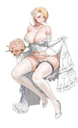 Rule 34 | 1girl, amy razor, areola slip, bare shoulders, blonde hair, bouquet, breasts, bridal lingerie, bridal veil, bride, cleavage, corset, dress, earrings, elbow gloves, flower, full body, game cg, garter straps, gloves, hair between eyes, high heels, highres, jewelry, large breasts, last origin, lingerie, looking at viewer, navel, necklace, official art, open clothes, open dress, panties, pearl necklace, purple eyes, sitting, skirt hold, smile, solo, tachi-e, taesi, thighhighs, transparent background, underwear, veil, wedding dress, white gloves, white panties, white thighhighs