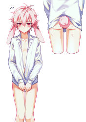 Rule 34 | 1boy, absurdres, animal ears, ansel (arknights), arknights, ass, commentary request, highres, hwaen, muscular, pink hair, rabbit ears, red eyes, shirt, white shirt, yaoi