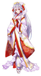 Rule 34 | 1girl, alternate costume, commentary request, fate/grand order, fate (series), floral print, flower, hair between eyes, hair ribbon, japanese clothes, kimono, long hair, looking at viewer, onigiri-kun (demmy), red eyes, ribbon, silver hair, solo, standing, tomoe gozen (fate), uchikake, white background, white kimono
