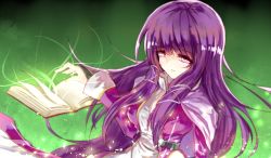 Rule 34 | 1girl, alternate costume, book, capelet, dqn (dqnww), dress, female focus, green background, highres, long hair, no headwear, no headwear, patchouli knowledge, purple eyes, purple hair, smile, solo, touhou