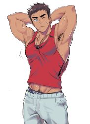 Rule 34 | 1boy, absurdres, armpit hair, arms behind head, bara, blue eyes, brown hair, closed mouth, grey pants, highres, jewelry, large pectorals, male focus, male underwear, male underwear peek, milkiato, muscular, muscular male, necklace, one eye closed, original, pants, pectorals, red tank top, short hair, simple background, solo, sweat, tank top, underwear, white background