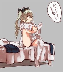 Rule 34 | 10s, 1girl, anchovy (girls und panzer), bed, black necktie, black ribbon, black skirt, clothes pull, commentary, dress shirt, dressing, drill hair, full body, girls und panzer, green hair, grey background, hair ribbon, leg up, long hair, long sleeves, looking at another, miniskirt, necktie, unworn necktie, oono imo, pantyhose, parted lips, pillow, pleated skirt, ribbon, school uniform, shirt, simple background, sitting, skirt, unworn skirt, solo, translated, twin drills, twintails, white pantyhose, white shirt