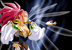Rule 34 | 1990s (style), 1girl, breasts, cleavage, green eyes, hair slicked back, hakubi washuu, light hawk wings, medium breasts, aged up, red hair, retro artstyle, solo, spiked hair, tenchi muyou!, vector trace, wings