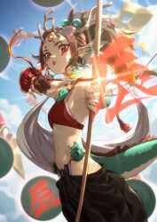 Rule 34 | 1girl, arrow (projectile), bow (weapon), breasts, brown hair, commentary request, dragon girl, dragon horns, dragon tail, earrings, facial mark, gloves, highres, hoop earrings, horns, jewelry, kionaoki, long hair, looking at viewer, necklace, original, partially fingerless gloves, pointy ears, ponytail, red eyes, scales, single glove, small breasts, solo, tail, weapon