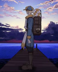 Rule 34 | 1boy, arm at side, backpack, bag, blonde hair, boots, brown bag, brown footwear, cloud, commentary, creatures (company), from side, full body, game freak, hat, highres, jumpsuit, long sleeves, male focus, nintendo, orange hat, outdoors, pokemon, pokemon legends: arceus, short hair, sky, solo, standing, symbol-only commentary, twilight, volo (pokemon), water, yc157 ar