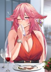 Rule 34 | 1girl, ;d, absurdres, animal ears, bare shoulders, blush, chair, champagne flute, contemporary, cup, dating, dress, drinking glass, esencey, closed eyes, fork, fox ears, fox girl, genshin impact, hair between eyes, hair ornament, handkerchief, highres, jewelry, knife, long hair, necklace, one eye closed, open mouth, pink hair, plate, purple eyes, red dress, sleeveless, sleeveless dress, smile, solo, table, upper body, watch, yae miko