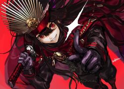 Rule 34 | 1girl, black gloves, black hair, black hat, black jacket, black pants, cape, dutch angle, family crest, fate/grand order, fate (series), gloves, hair between eyes, hat, holding, holding sword, holding weapon, index finger raised, infukun, jacket, katana, long hair, long sleeves, looking at viewer, oda nobunaga (fate), oda uri, over shoulder, pants, peaked cap, red background, red cape, red eyes, signature, simple background, smile, solo, sword, sword over shoulder, very long hair, weapon, weapon over shoulder