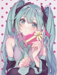 Rule 34 | 1girl, aqua eyes, aqua hair, aqua nails, black sleeves, black thighhighs, box, collared shirt, commentary request, detached sleeves, frilled shirt, frills, gift, gift box, green necktie, grey background, grey shirt, hands up, hatsune miku, heart, heart-shaped pupils, holding, holding gift, knees up, long sleeves, nail polish, necktie, polka dot, polka dot background, shigupon, shirt, sleeveless, sleeveless shirt, solo, squatting, symbol-shaped pupils, thighhighs, vocaloid, wide sleeves