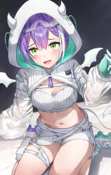 Rule 34 | 1girl, absurdres, breasts, demon girl, demon tail, demon wings, fang, gloves, goggles, goggles on head, green eyes, highres, hip tattoo, hololive, hood, hood up, knee pads, long hair, long sleeves, looking at viewer, medium breasts, midriff, multicolored hair, navel, navel piercing, official alternate costume, open mouth, piercing, pink hair, ponytail, purple hair, see-through, see-through sleeves, short shorts, shorts, skin fang, solo, streaked hair, tail, tattoo, tokoyami towa, tokoyami towa (5th costume), tomone43, virtual youtuber, white gloves, white hair, white shorts, white tail, wings