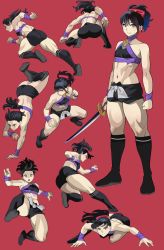 Rule 34 | 1girl, :o, abs, action, arm support, arm up, bare shoulders, bent over, black hair, black shorts, black socks, blue eyes, blush, clenched hand, clenched hands, closed mouth, drawstring, facing away, fighting stance, flat chest, full body, hair ornament, halterneck, handstand, highres, holding, holding sword, holding weapon, ichiren takushou, jumping, kneehighs, looking at viewer, looking away, midriff, multiple views, muscular, muscular female, ninja, on one knee, one arm handstand, original, outstretched arms, ponytail, profile, running, serious, shoe soles, shorts, simple background, smile, socks, squatting, standing, standing on one leg, sword, upside-down, weapon, wristband