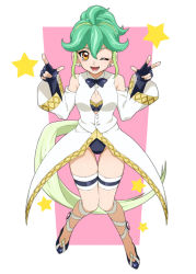 Rule 34 | 1girl, ;d, ahoge, bad id, bad pixiv id, chiyo (no3baki), cosplay, detached sleeves, duel monster, earrings, fingerless gloves, gloves, green hair, jewelry, multicolored hair, one eye closed, open mouth, performapal uni, performapal uni (cosplay), ponytail, rin (yu-gi-oh!), smile, solo, two-tone hair, yellow eyes, yu-gi-oh!, yu-gi-oh! arc-v