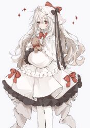 Rule 34 | 1girl, black ribbon, bow, bowtie, dress, expressionless, highres, hugging doll, hugging object, long hair, looking at viewer, original, red bow, red bowtie, red eyes, ribbon, sleeves past wrists, solo, sparkle, standing, white background, white dress, white hair, yuni 0205