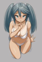 Rule 34 | 1girl, bikini, breasts, cleavage, collarbone, grey eyes, grey hair, highleg, highleg bikini, highleg swimsuit, isuzu (kancolle), kantai collection, large breasts, long hair, looking at viewer, sitting, solo, swimsuit, tamu (mad works), twintails, white bikini