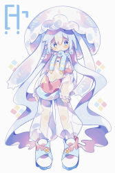 Rule 34 | 1girl, :/, absurdly long hair, absurdres, blue eyes, blue hair, blush, blush stickers, bra, breasts, closed mouth, commentary request, diamond (shape), dress, full body, high tops, highres, jellyfish, jellyfish girl, light blue hair, light blush, long hair, long sleeves, looking at viewer, midriff, monster girl, navel, original, personification, pink dress, quad tails, scarf, see-through, see-through legwear, see-through sleeves, shoes, simple background, small breasts, sneakers, solo, standing, tentacle hair, tentacles, uenomigi, underwear, very long hair, wavy hair, white background