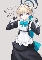 Rule 34 | 1girl, absurdres, apron, black dress, black gloves, blonde hair, blue archive, blue bow, blue bowtie, blue eyes, bow, bowtie, breasts, bun cover, closed mouth, double v, dress, earpiece, expressionless, feet out of frame, fingerless gloves, gloves, grey background, hair bun, hair intakes, halo, hands up, harness, highres, juliet sleeves, long sleeves, looking at viewer, maid apron, maid headdress, microphone, pepsi2330, pouch, puffy sleeves, short hair, simple background, small breasts, solo, standing, toki (blue archive), v