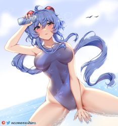 Rule 34 | 1girl, ahoge, arm up, armpits, bird, blue hair, blush, breasts, can, competition swimsuit, covered navel, ganyu (genshin impact), genshin impact, groin, highres, horns, long hair, looking at viewer, low ponytail, medium breasts, newmoonshira, one-piece swimsuit, purple eyes, sidelocks, sitting, solo, swimsuit, water