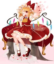 Rule 34 | 1girl, ascot, bad id, bad pixiv id, blonde hair, bow, brooch, demon wings, fang, fingernails, flandre scarlet, flower, foreshortening, frilled skirt, frills, full body, gotou (nekocat), hair ribbon, hat, highres, jewelry, looking at viewer, mary janes, mob cap, nail polish, one eye closed, open mouth, outstretched arm, petals, pointy ears, red bow, red eyes, red flower, red rose, red skirt, ribbon, rose, sharp fingernails, shoes, short hair with long locks, short sleeves, side ponytail, simple background, sitting, skirt, skirt set, socks, solo, tongue, tongue out, touhou, vest, white background, white socks, wings