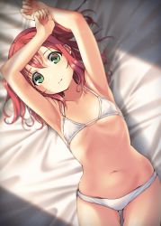 Rule 34 | 1girl, armpits, arms up, bed sheet, blurry, bra, clenched hands, cowboy shot, depth of field, flat chest, green eyes, halterneck, highres, kurosawa ruby, looking at viewer, love live!, love live! sunshine!!, lying, meda, navel, on back, panties, red hair, solo, stomach, two side up, underwear, underwear only, white bra, white panties