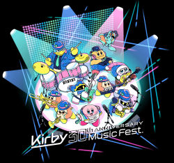Rule 34 | anniversary, band, chef kawasaki, drum, drumsticks, elfilin, fangs, glowstick, guitar, hat, headphones, heart, holding, holding drumsticks, instrument, jester cap, king dedede, kirby, kirby (series), kirby 30th anniversary music festival, magolor, marx (kirby), meta knight, microphone, microphone stand, music, nintendo, no humans, official art, one eye closed, overalls, playing instrument, rayman limbs, saxophone, smile, spotlight, stage lights, tambourine, trombone, trumpet, waddle dee