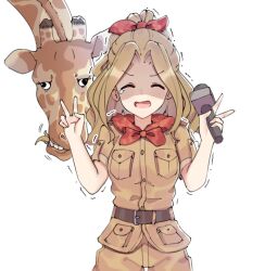 Rule 34 | 1girl, aa211108, animal, belt, belt buckle, breasts, brown belt, brown pants, brown shirt, buckle, closed eyes, cowboy shot, dot nose, double v, giraffe, hair ribbon, high ponytail, holding, holding microphone, idolmaster, idolmaster million live!, idolmaster million live! theater days, medium breasts, microphone, neckerchief, nikaidou chizuru, open mouth, pants, pocket, red neckerchief, red ribbon, ribbon, shaded face, shirt, short sleeves, sidelocks, simple background, solo, straight-on, teardrop, tearing up, trembling, v, v-shaped eyebrows, wavy hair, wavy mouth, white background