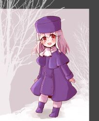 Rule 34 | 1girl, blush, coat, fate/zero, fate (series), full body, fur hat, hat, highres, illyasviel von einzbern, long hair, looking at viewer, open mouth, papakha, purple coat, purple hat, red eyes, saihara, scarf, sketch, smile, solo, white hair