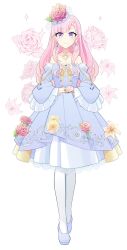 Rule 34 | 1girl, artist request, asatsuki rurika, bare shoulders, blue dress, blue footwear, closed mouth, commentary, dress, earrings, english commentary, flower, frilled dress, frills, full body, hair flower, hair ornament, hands up, highres, indie virtual youtuber, jewelry, long dress, long hair, long sleeves, looking at viewer, necklace, official art, own hands together, pantyhose, pink flower, pink hair, purple eyes, second-party source, simple background, solo, standing, straight-on, strapless, strapless dress, tachi-e, virtual youtuber, white background, white pantyhose