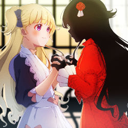 Rule 34 | 2girls, apron, backlighting, black dress, black hair, black skin, blonde hair, blue bow, blunt bangs, blush, bow, closed mouth, colored skin, commentary, cruzango0510, dress, emilico (shadows house), eye contact, face-to-face, flower, from side, hair bow, hair flower, hair ornament, holding hands, interlocked fingers, juliet sleeves, kate (shadows house), long hair, long sleeves, looking at another, multiple girls, puffy sleeves, purple eyes, red dress, red flower, red rose, rose, shadow (shadows house), shadows house, smile, two side up, upper body, white apron, yuri