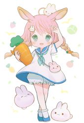 Rule 34 | 1girl, :d, animal, animal on head, ayu (mog), blonde hair, blue eyes, blue sailor collar, blush, braid, rabbit, rabbit on head, carrot, crossed legs, dress, food background, full body, gradient hair, hair ornament, hairclip, hand up, highres, holding, crossed legs, looking at viewer, multicolored hair, on head, open mouth, original, pink hair, polka dot, sailor collar, sailor dress, short dress, short sleeves, signature, smile, solo, standing, twin braids, unmoving pattern, watson cross, white dress