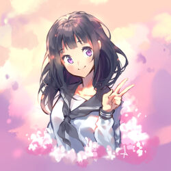 Rule 34 | 1girl, black hair, blunt bangs, chitanda eru, closed mouth, commentary, cropped torso, grey neckerchief, grey sailor collar, head tilt, highres, hyouka, long hair, long sleeves, looking to the side, making-of available, multicolored background, neckerchief, pink background, purple eyes, sailor collar, school uniform, serafuku, shijohane, sleeve cuffs, smile, solo, upper body, v, white serafuku
