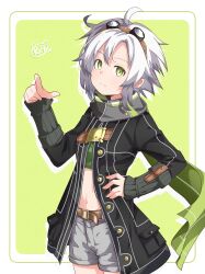 Rule 34 | 1girl, absurdres, black coat, black jacket, buttons, coat, eiyuu densetsu, fie claussell, gloves, goggles, goggles on head, green eyes, green scarf, highres, jacket, long sleeves, navel, pointing, pointing at viewer, rizuaki, scarf, sen no kiseki, sen no kiseki ii, short hair, shorts, signature, sleeves past wrists, smile, strap, white hair, white shorts