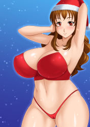 Rule 34 | 1girl, breasts, brown hair, christmas, huge breasts, midriff, solo, tomite