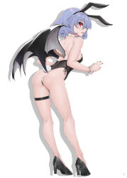 Rule 34 | 1girl, absurdres, animal ears, ass, bare legs, bat wings, black legwear, black leotard, breasts, detached collar, full body, high heels, highres, leg strap, leotard, looking at viewer, nail polish, open mouth, playboy bunny, purple hair, rabbit ears, red eyes, red nails, remilia scarlet, short hair, simple background, solo, standing, sudako (dai011305), thigh strap, thong leotard, touhou, white background, wings, wrist cuffs