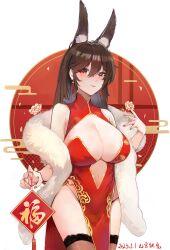 Rule 34 | 1girl, 24sui, absurdres, animal ear fluff, animal ears, bare shoulders, black panties, blush, breasts, brown hair, brown thighhighs, center opening, china dress, chinese clothes, cleavage, closed mouth, cowboy shot, dated, dress, earrings, egasumi, extra ears, highres, holding, jewelry, large breasts, long hair, looking at viewer, nail, navel, original, panties, rabbit ears, red eyes, red nails, smile, solo, thighhighs, underwear
