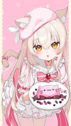 Rule 34 | 1girl, animal ears, blush, cat ears, cat tail, commentary request, commission, food, grey hair, hair between eyes, hair ornament, hairclip, highres, inuyama nanami, long hair, looking at viewer, open mouth, original, pink background, ribbon, simple background, skeb commission, solo, tail, yellow eyes