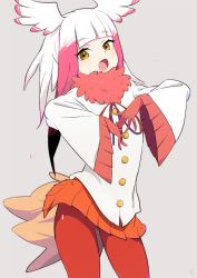 Rule 34 | 10s, 1girl, gloves, grey background, head wings, japanese crested ibis (kemono friends), kemono friends, long hair, multicolored hair, open mouth, pantyhose, pleated skirt, red gloves, red hair, red pantyhose, simple background, skirt, so shina, sohin, solo, two-tone hair, white hair, wings, yellow eyes