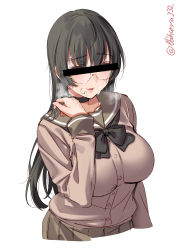 Rule 34 | 1girl, absurdres, alternate costume, bar censor, black hair, blush, breasts, brown skirt, buttons, censored, choukai (kancolle), covered eyes, ebifurya, glasses, highres, kantai collection, large breasts, long hair, long sleeves, open mouth, pleated skirt, red eyes, rimless eyewear, school uniform, simple background, skirt, smile, solo, twitter username, upper body, white background