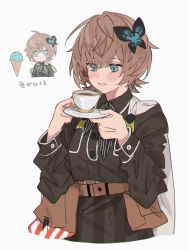 Rule 34 | 1girl, aogisa, aqua eyes, bad id, bad twitter id, belt, black shirt, blush, brown hair, butterfly hair ornament, chibi, cup, food, girls&#039; frontline, hair ornament, highres, holding, holding cup, hp-35 (girls&#039; frontline), ice cream, ice cream cone, looking down, medium hair, open mouth, shirt, simple background, solo, teacup, upper body, white background