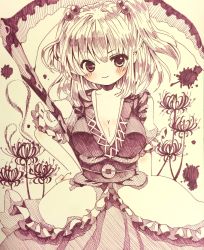 Rule 34 | 1girl, absurdres, arm behind back, blush, breasts, cleavage, dress, flower, hair bobbles, hair ornament, hand on own hip, head tilt, highres, large breasts, layered dress, looking at viewer, marker (medium), monochrome, niko (2ars), onozuka komachi, scythe, sepia background, short hair, smile, solo, spider lily, touhou, traditional media, twintails, two side up