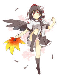 Rule 34 | 1girl, black feathers, black hair, black skirt, black socks, black wings, breasts, clenched hand, closed mouth, collared shirt, commentary request, dress shirt, feathered wings, feathers, frilled skirt, frills, full body, hair between eyes, hand up, hat, highres, holding, medium breasts, mini hat, no shoes, panties, pink panties, pleated skirt, puffy short sleeves, puffy sleeves, red eyes, red hat, shameimaru aya, shirt, short sleeves, skirt, socks, solo, standing, standing on one leg, tiptoes, tokin hat, totoharu (kujirai minato), touhou, underwear, v-shaped eyebrows, white shirt, wings