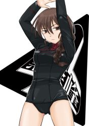 Rule 34 | 1girl, adapted costume, alternate color school swimsuit, alternate costume, arms up, black one-piece swimsuit, braid, brown eyes, brown hair, closed mouth, cowboy shot, dress shirt, emblem, frown, girls und panzer, glaring, hair over shoulder, half-closed eyes, kuromorimine (emblem), kuromorimine military uniform, long hair, long sleeves, looking at viewer, one-piece swimsuit, red shirt, rukuriri (girls und panzer), rukuriritea, school swimsuit, shirt, single braid, solo, standing, swimsuit, white background, wing collar