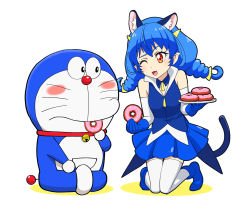 Rule 34 | 1girl, :3, ahoge, animal ears, bare shoulders, blue cat (precure), blue gloves, braid, cat ears, cat tail, commentary request, doraemon, doraemon (character), doughnut, elbow gloves, facial mark, food, gloves, indian style, kneeling, long hair, neck bell, one eye closed, precure, red eyes, sitting, star twinkle precure, tail, thighhighs, trait connection, twin braids, ueyama michirou, whisker markings, yuni (precure), zettai ryouiki