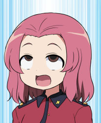 Rule 34 | 10s, 1girl, ahegao, brown eyes, emblem, girls und panzer, jacket, military, military uniform, open mouth, parted bangs, pink hair, red jacket, rosehip (girls und panzer), short hair, solo, super masara, uniform, upper body
