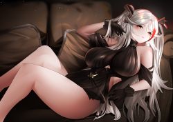 Rule 34 | 1girl, azur lane, black dress, black gloves, blush, breasts, closed mouth, couch, dress, feet out of frame, gdat, gloves, hair ribbon, large breasts, lips, long hair, looking at viewer, multicolored hair, official alternate costume, on couch, orange eyes, prinz eugen (azur lane), prinz eugen (cordial cornflower) (azur lane), ribbon, silver hair, sitting, smile, solo, thighs, twintails