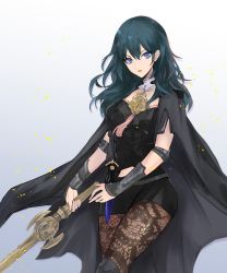 Rule 34 | 1girl, absurdres, black cape, black shorts, blue eyes, blue hair, brown pantyhose, byleth (female) (fire emblem), byleth (fire emblem), cape, fire emblem, fire emblem: three houses, gradient background, grey background, hair between eyes, helen (helen2210hk), highres, holding, holding sword, holding weapon, lace, lace-trimmed legwear, lace trim, long hair, looking at viewer, nintendo, pantyhose, pantyhose under shorts, parted lips, print pantyhose, short shorts, shorts, solo, standing, straight hair, sword, weapon