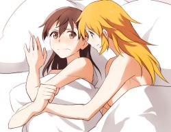 Rule 34 | 2girls, bad id, bad pixiv id, bed, blue eyes, blush, breasts, brown hair, charlotte e. yeager, eye contact, gertrud barkhorn, hug, hug from behind, kisetsu, long hair, looking at another, looking back, lying, multiple girls, nude, on side, orange hair, pillow, short hair, smile, strike witches, tank top, topless, world witches series, yuri