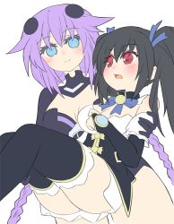 Rule 34 | 2girls, bare shoulders, black hair, blue eyes, bodysuit, boots, braid, breasts, changyoushan, cleavage, collar, confused, dress, gloves, hair ornament, hair ribbon, hairclip, headgear, leggings, long hair, medium breasts, multiple girls, nepnep connect: chaos chanpuru, neptune (neptunia), neptune (series), noire (neptunia), open mouth, power symbol-shaped pupils, purple hair, purple heart (neptunia), red eyes, ribbon, simple background, skirt, sleeve gloves, smile, startaled, surprised, symbol-shaped pupils, thighs, tsundere, twintails, vvvtune, white background, yamayama, yuri